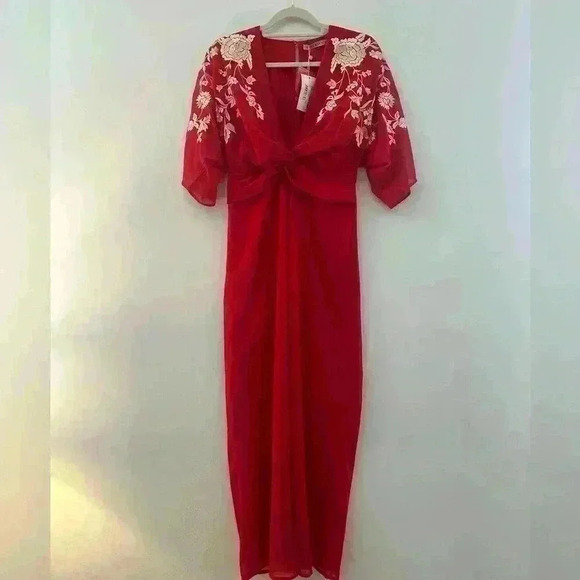 Hope & Ivy The Divine Tie Front Open Back Red Jumpsuit - Picture 2 of 6